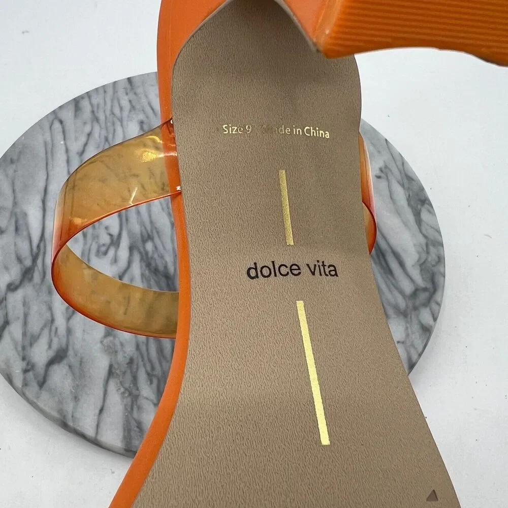 Dolce Vita Heels Womens 9 Orange Novah Angular Slip On Vinyl Transparent Straps - Picture 9 of 11